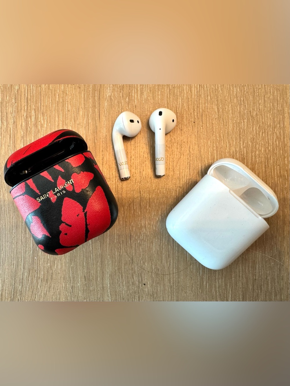 Saint Laurent Red & Black Leather Airpod Keyring Case WITH Airpods